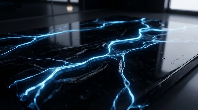 Abstract electric energy discharge on a dark reflective surface