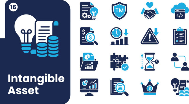Professional Business Icon Set Representing Intangible Assets Intellectual Property and Strategic Corporate Value Management