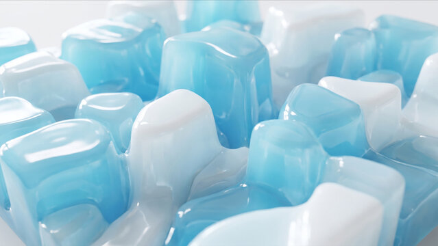 アイスブルーと半透明な白のゼリー状流体ブロックがパズル状に組み合わさるアブストラクト背景画像