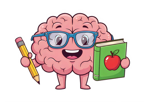 Cute pixel art brain character wearing glasses holding pencil and book