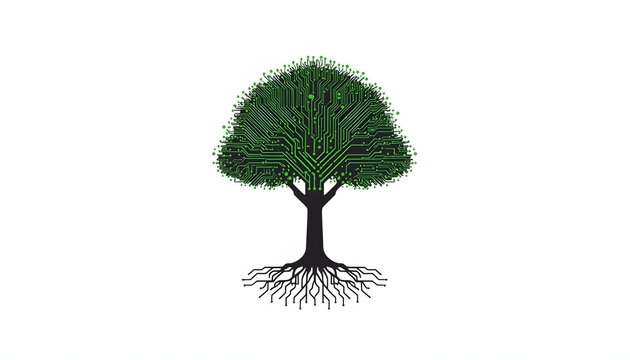 Digital circuit board tree vector icon isolated on a clean white background. Green eco technology concept showcasing network growth and roots. Perfect for sustainable tech branding.