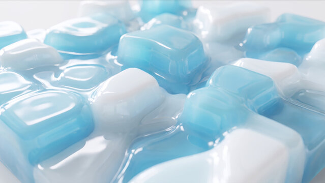 アイスブルーと半透明な白のゼリー状流体ブロックがパズル状に組み合わさるアブストラクト背景画像