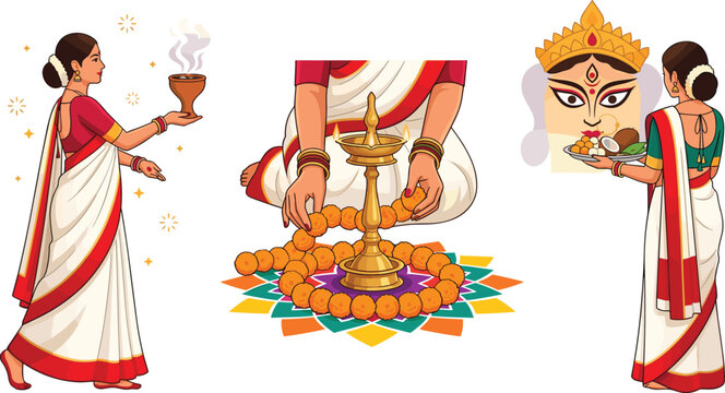 Traditional Bengali Indian Women Celebrating Durga Puja Festival Performing Puja Rituals with Diya Lamp Dhunuchi Incense and Prasad Offering Vector Graphic