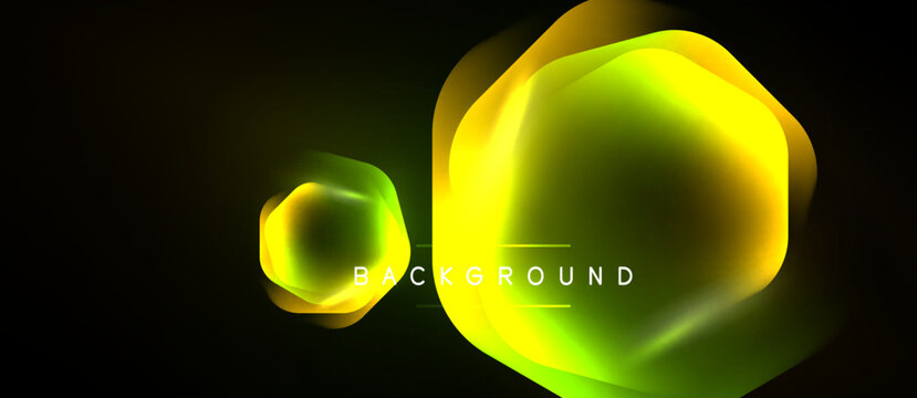 Abstract neon shapes overlap, creating vibrant yellow, green glow. Dark background emphasizes luminosity, modern design element.