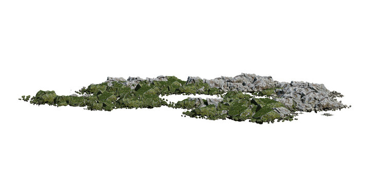 3d natural landscape element of rocks covered with green moss and small plants, isolated on transparent background, nature scene cutout