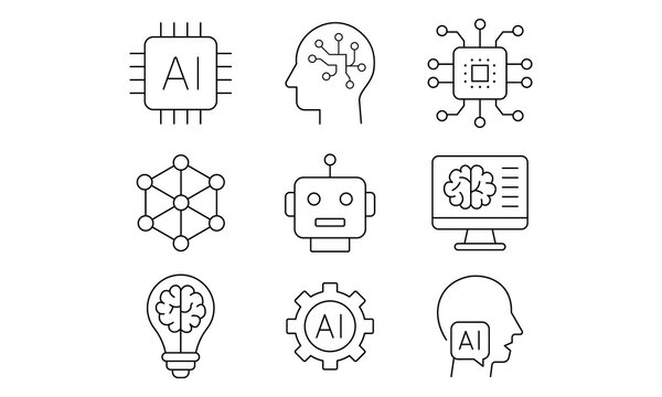 Artificial Intelligence line icon set. Minimalist AI technology, machine learning, microchip, neural network, robot head, and digital brain linear vector icons.