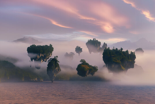 Generated illustration of fictional fantasy surreal world universe.