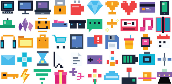 Y2K Pixel Art Icon Set Featuring Vintage Technology Gadgets and Pop Culture Symbols Retro 8 Bit Style Collection for Apps Games and Digital Design