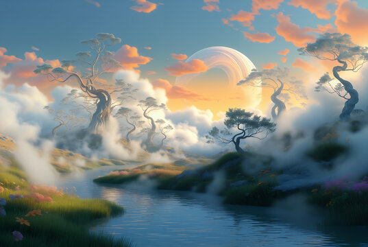 Generated illustration of fictional fantasy surreal world universe.
