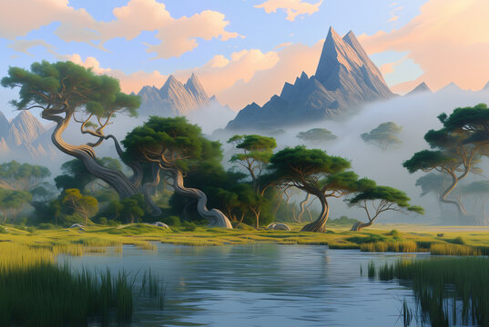 Generated illustration of fictional fantasy surreal world universe.