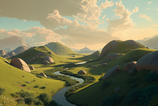 Generated illustration of fictional fantasy surreal world universe.