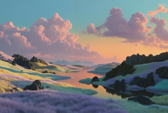 Generated illustration of fictional fantasy surreal world universe.