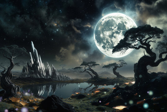 Generated illustration of fictional fantasy surreal world universe.