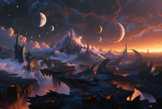 Generated illustration of fictional fantasy surreal world universe.