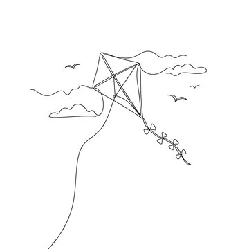Minimalist hand drawn kite flying in the sky with recreation illustration minimalist childhood activity creative monochrome