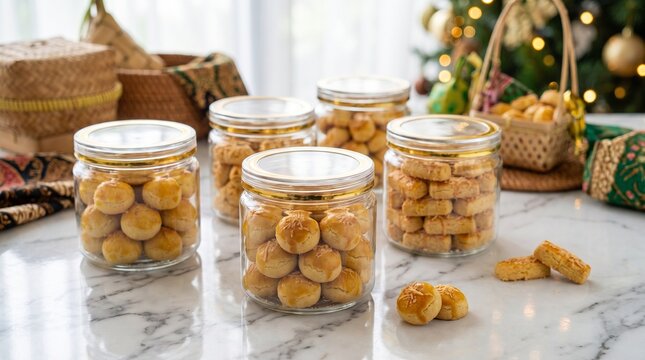 Indonesian Festive Cookies Nastar and Kastengel in Glass Jars