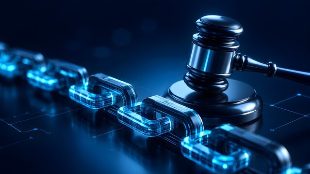 Glowing blue digital blockchain chain connected to dark wooden judge gavel. Concept of smart contract legislation and crypto currency regulation.