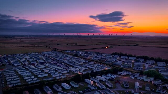 Wind turbines silhouetted against a fiery sunset over rural Sussex, England; ideal for renewable energy, sustainability, climate, technology and business advertising
