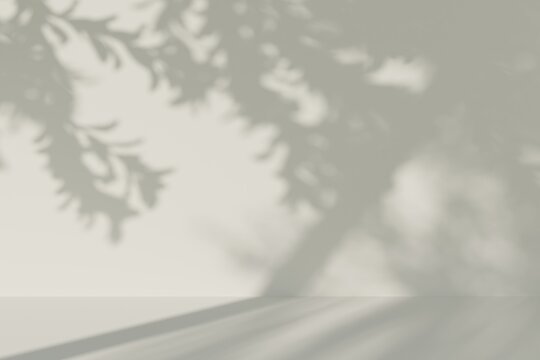 Soft shadow overlay of green leaves and branches on a neutral beige background, abstract natural light effect with a gentle mood