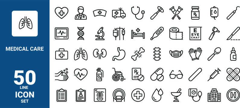 Medical care 50 line icon set