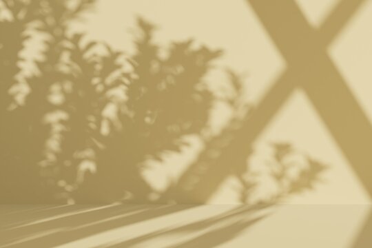 soft shadow overlay of potted plant leaves and window grid cast on a pale yellow wall and floor, serene mood