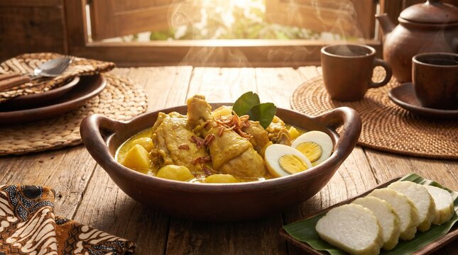 Traditional Indonesian Chicken Curry Opor Ayam with Lontong Rice