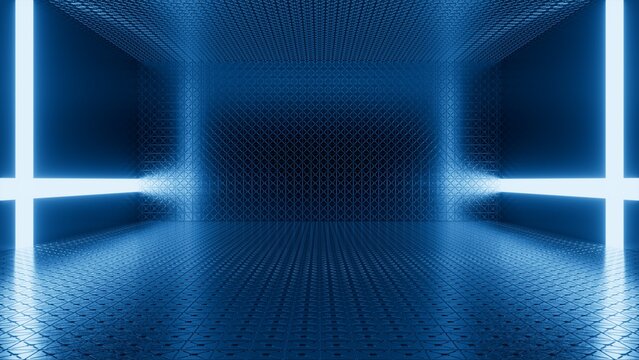 Abstract blue geometric room with glowing lights