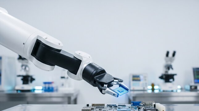 Modern robotic arm holding a glowing semiconductor microchip in a high-tech laboratory cleanroom, concept for semiconductor manufacturing, automated assembly, industrial robotics, and AI hardware tech