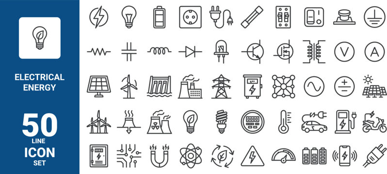 Electrical energy line icon set, 50 vector icons for power and technology