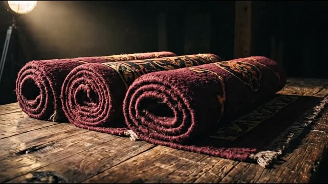 Handcrafted rolled oriental rugs on rustic wooden table.