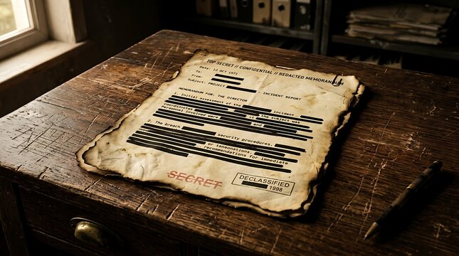 Aged secret memorandum with redacted text on a wooden desk