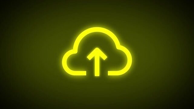 Glow yellow cloud upload icon motion graphic on dark background symbolizes digital data storage technology.