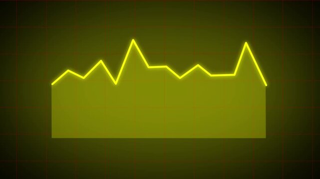Neon yellow financial chart animation on dark olive green grid background showing business market volatility.