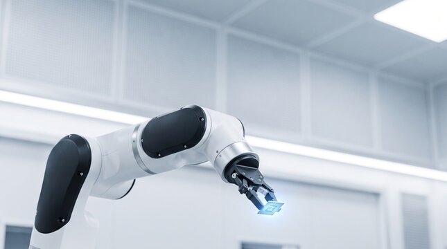 Modern robotic arm holding a glowing semiconductor microchip in a high-tech laboratory cleanroom, concept for semiconductor manufacturing, automated assembly, industrial robotics, and AI hardware tech