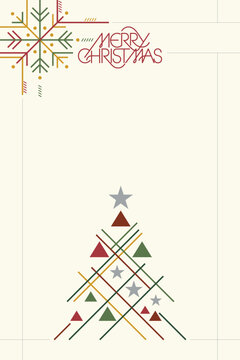 Merry Christmas poster with abstract snowflake and Christmas tree geometric forms on beige vertical background have blank space.