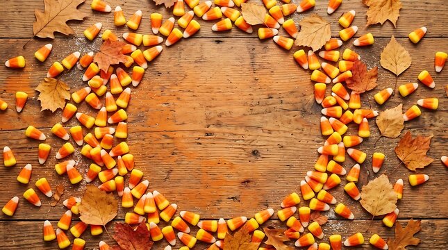Festive autumn border crafted from vibrant candy corn pieces and colorful fall leaves arranged on rustic wooden background, creating a charming seasonal frame