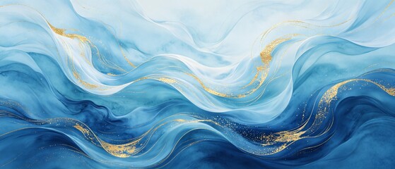 Fototapeta premium Abstract Blue Ocean Waves with White Foam and Gold Accents
