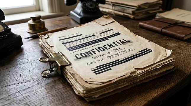 Confidential project echo archive file with redacted text on wooden desk