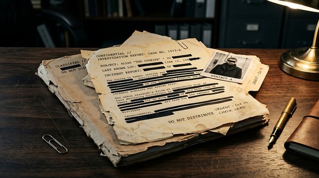 Confidential investigation dossier with redacted text and suspect on desk