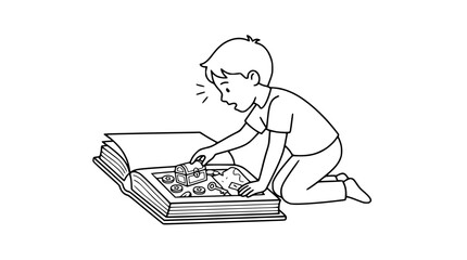 Curious Little Boy Discovering Treasure Chest and Gold Inside Open Storybook Illustration