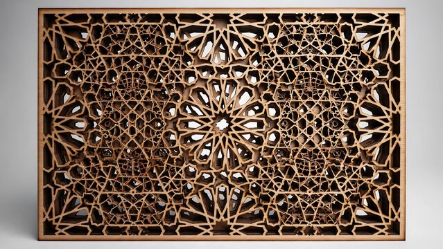 Intricate laser cut wood panel with geometric star pattern and decorative symmetrical latticework for interior design