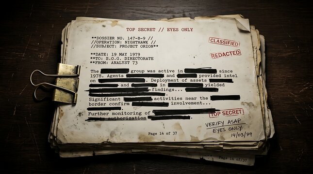 Secret intelligence dossier with redacted text and metal binder clip