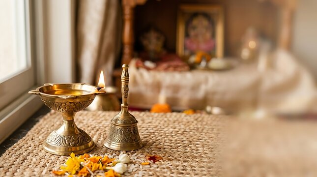 Traditional Hindu Puja items featuring a brass oil lamp and prayer bell on a textured mat with yellow flower petals