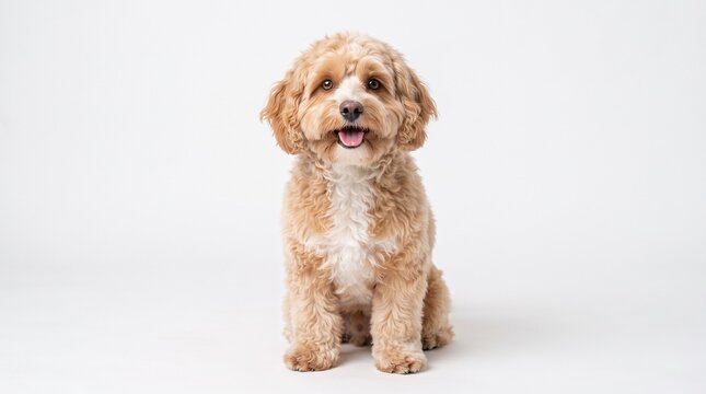 An adorable fluffy apricot and white puppy sits centered against a solid white background, looking into the camera with its tongue slightly out.