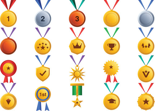 Medal Emoji Set Vector Illustration Collection Isolated on Transparent Background Gold Silver Bronze Award Icons for Achievement Success Design