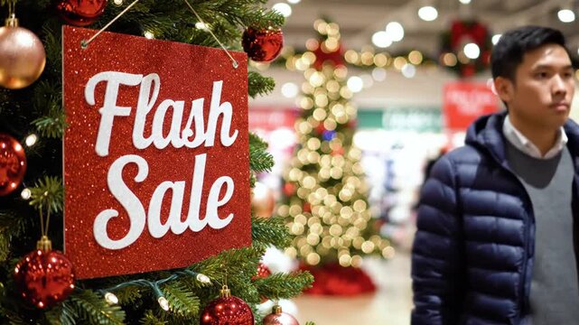 Flash sale sign on Christmas tree in retail store
