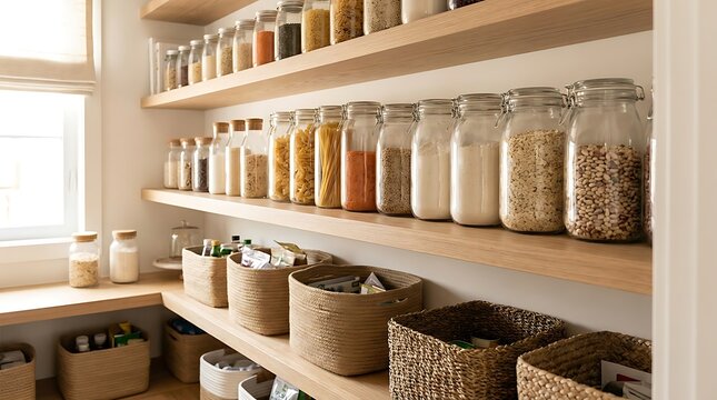 Organized pantry shelves with glass jars of food and storage baskets in a bright modern home kitchen. pantry organization tips