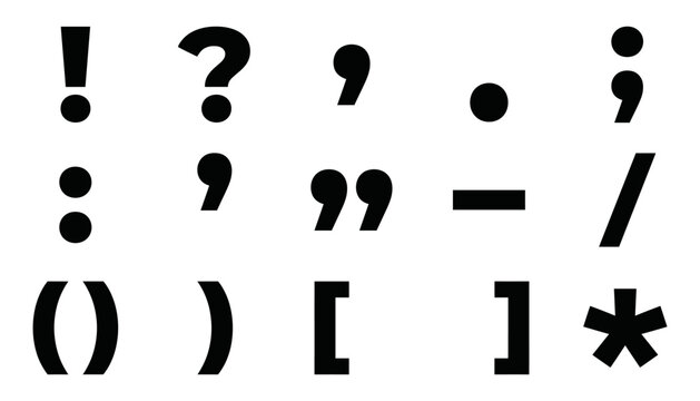 A collection of various black punctuation marks and typographic symbols isolated on a plain white background