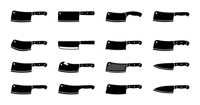 Collection of 16 Black Butcher Knives and Cleavers, Vector Icons for Meat Processing and Culinary Use