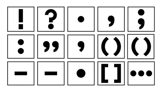 Collection of various black punctuation marks and grammar symbols arranged in a grid on white background